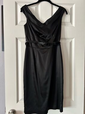 White House Black Market Black Satin V-Neck Midi Sheath with Belt Detail